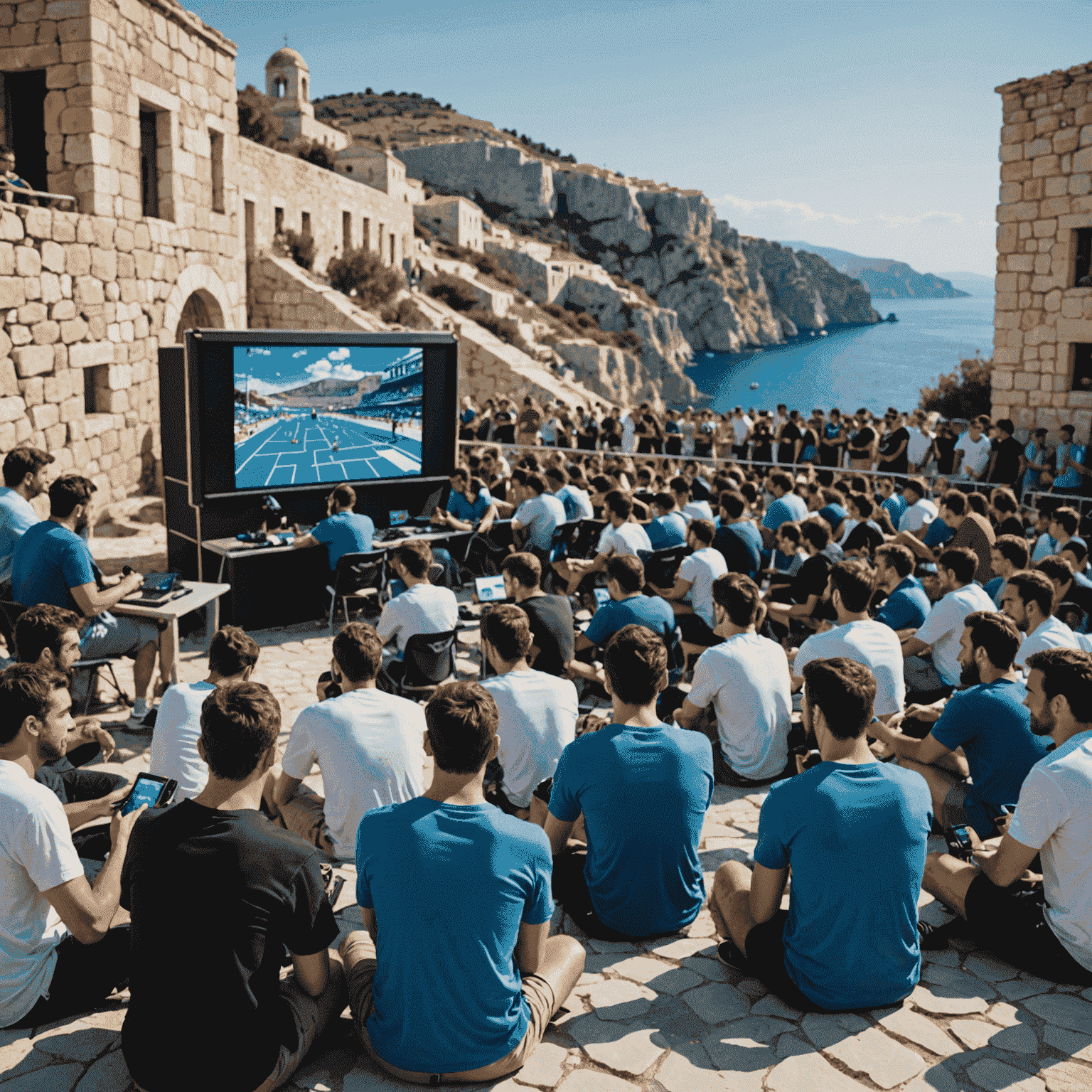 Εικόνα που απεικονίζει μια σκηνή τουρνουά κινητών παιχνιδιών στην Ελλάδα, με παίκτες να συμμετέχουν, οθόνες που δείχνουν το παιχνίδι, και το ελληνικό κοινό να παρακολουθεί